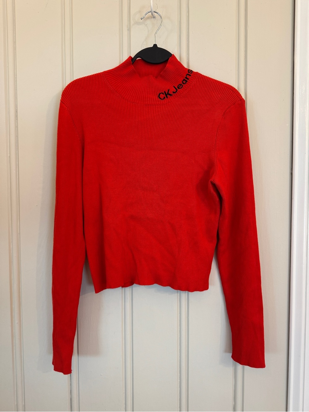 Calvin Klein Jeans Bright Red Ribbed Turtleneck Sweater Mockneck Cropped
